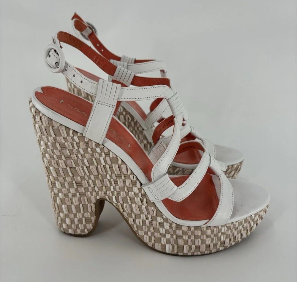 Via Spiga White Leather Platform Wedge Sandals Womens 7 Strappy Woven Block Heel